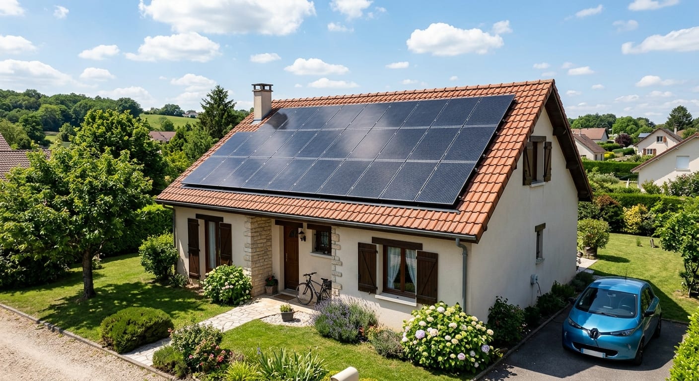 Toiture de maison individuelle équipée de panneaux solaires photovoltaïques modernes sous un ciel ensoleillé